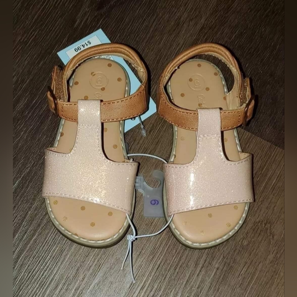 NWT Toddler Girl's Cat & Jack Kinsley Glitter Ankle Strap Sandals, Cognac Size 6